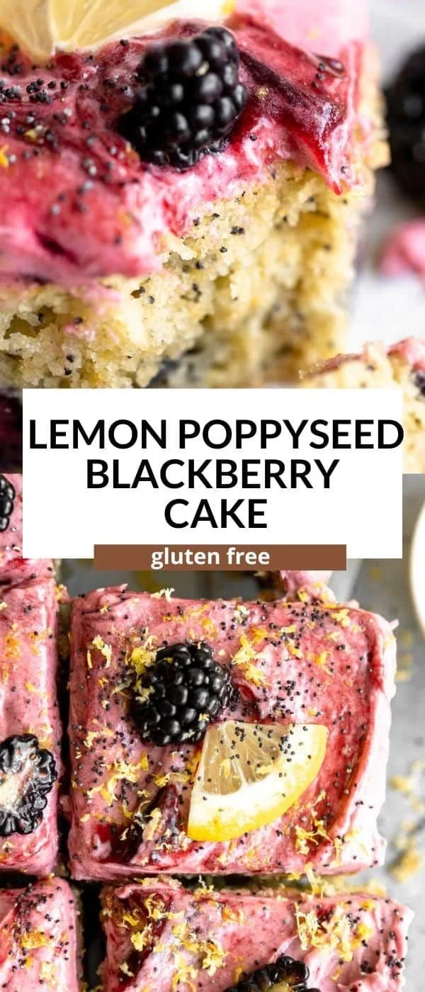 Gluten-free lemon poppy seed blackberry cake on a plate with fresh blackberries