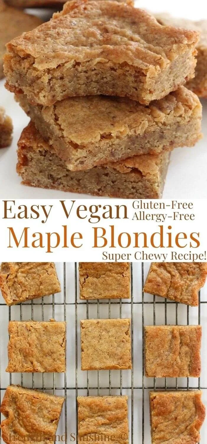 Delicious gluten-free maple blondies topped with a drizzle of maple syrup.