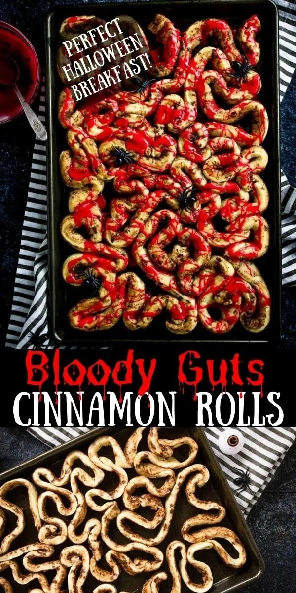Halloween-themed bloody cinnamon rolls with icing and spooky decorations