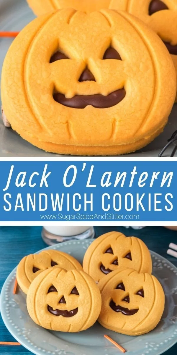 Halloween cookie sandwiches featuring Jack o' lantern designs and sugar cookies
