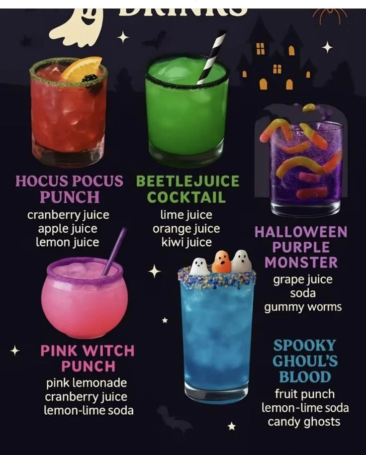 Nonalcoholic Halloween drinks for kids' parties, spooky punch ideas, and themed beverages.