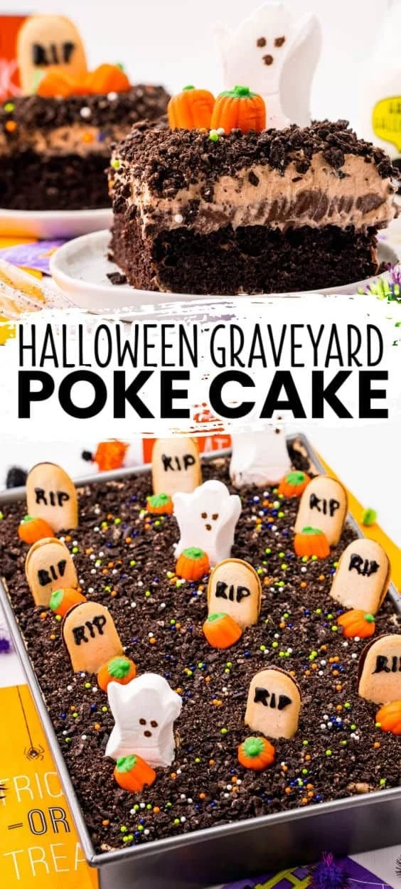 Halloween Graveyard Cake decoration featuring chocolate poke cake for Halloween.