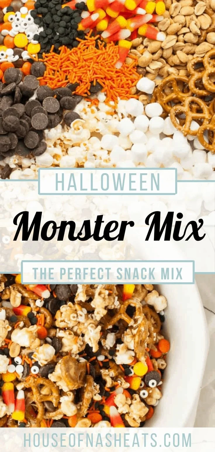 Colorful Halloween Monster Snack Mix with candies and spooky treats
