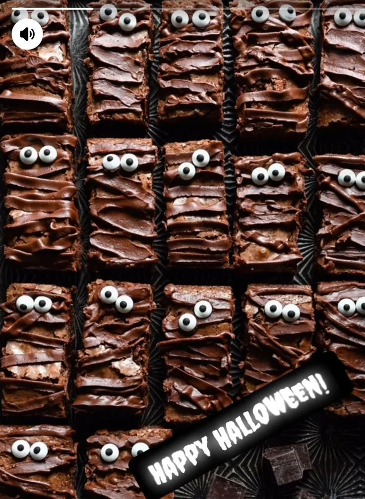 Halloween Mummy Brownies decorated as spooky treats for Halloween celebrations