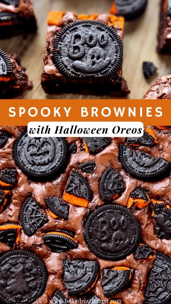 Halloween Oreo Brownies topped with colorful sprinkles and Halloween-themed Oreos
