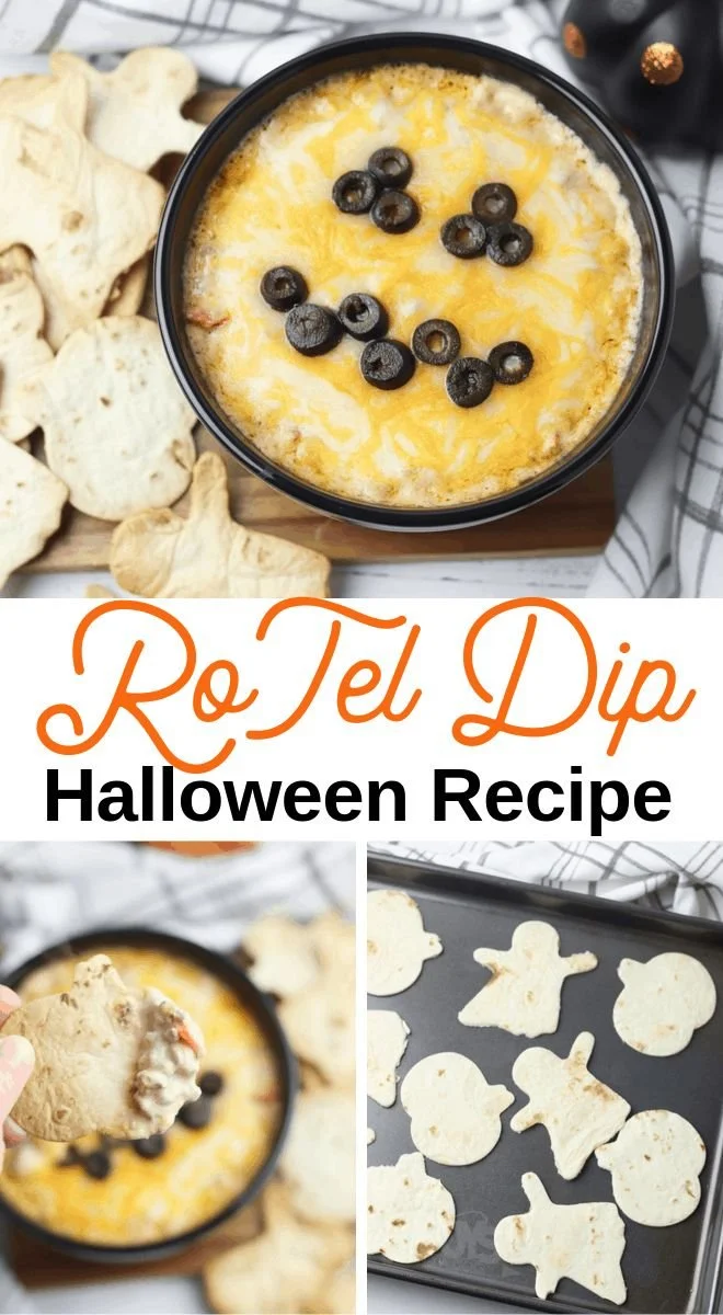 Halloween RoTel Dip served with homemade baked tortilla chips