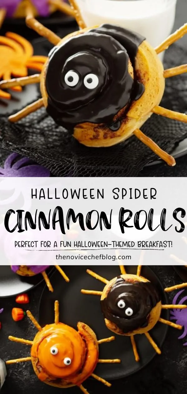 Halloween spider cinnamon rolls with chocolate icing and candy spider decorations