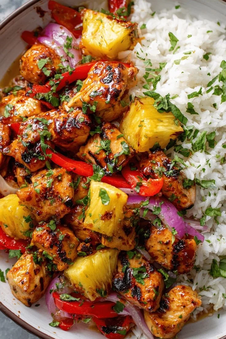 Hawaiian Chicken Sheet Pan with colorful vegetables and pineapple