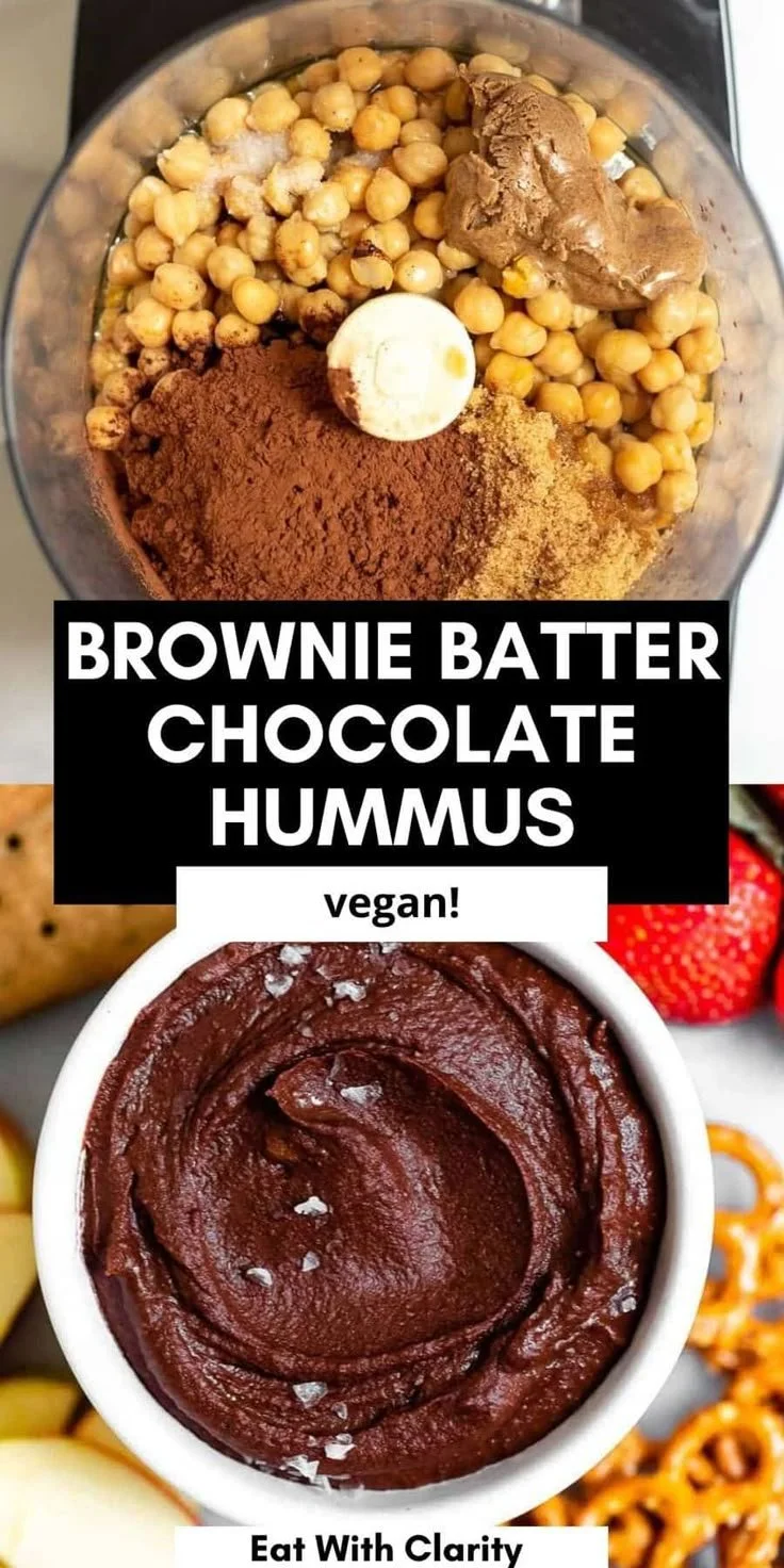 Bowl of brownie batter chocolate hummus with fresh fruit for healthy snacking
