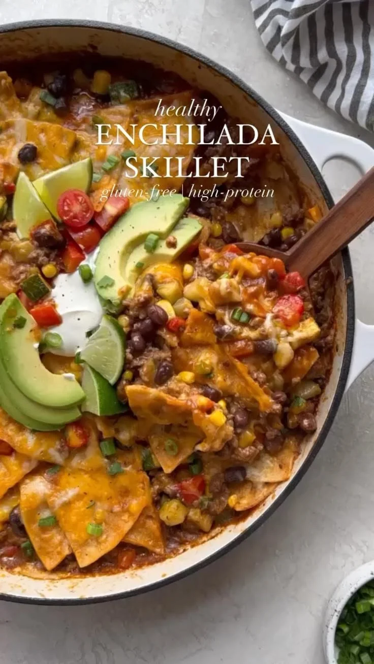 Healthy enchilada skillet with vibrant veggies and tasty toppings