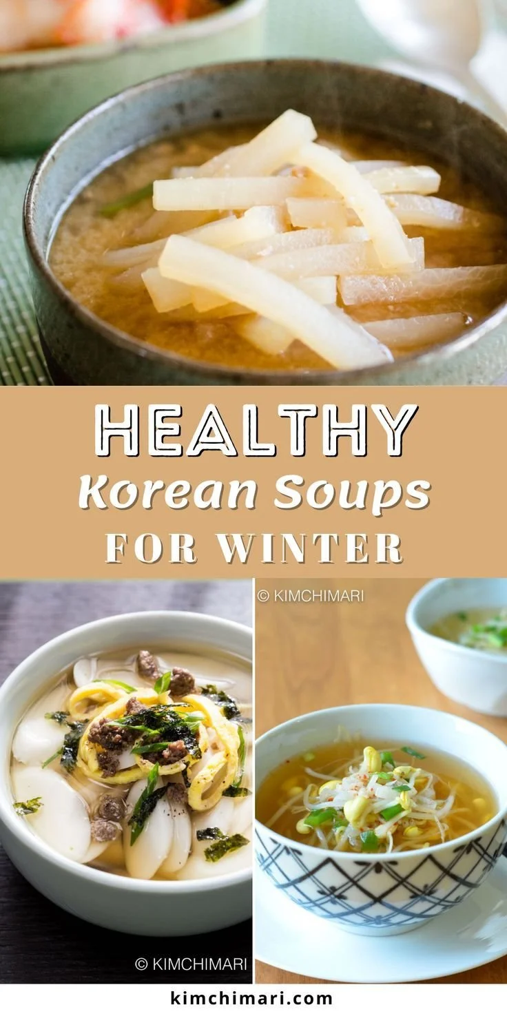 Healthy Korean soups for winter, featuring vibrant ingredients and rich flavors.
