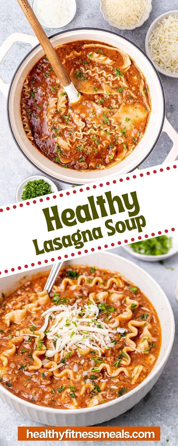 Healthy Lasagna Soup served in a bowl, garnished with herbs and cheese.