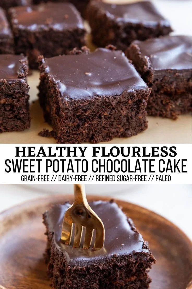 Healthy sweet potato chocolate cake topped with chocolate frosting and nuts.