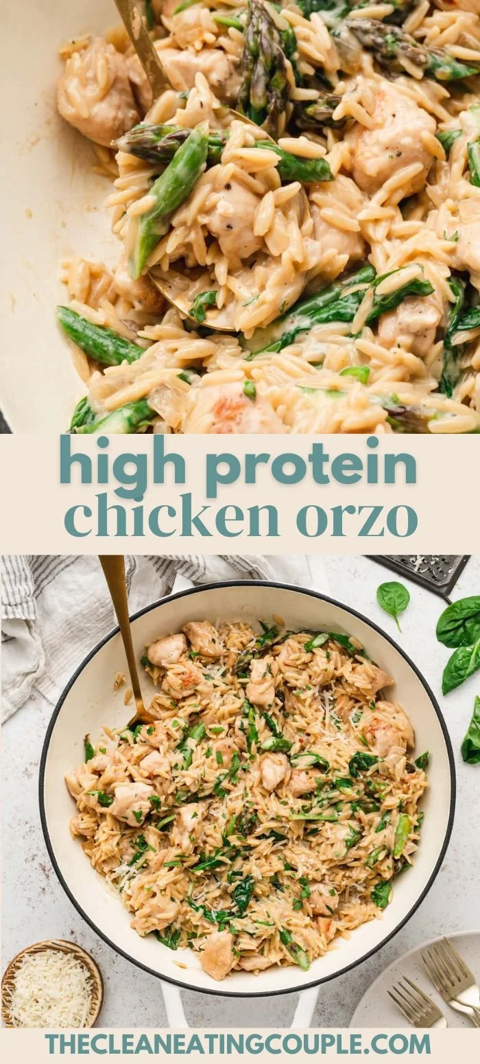 High protein chicken orzo dish garnished with fresh herbs