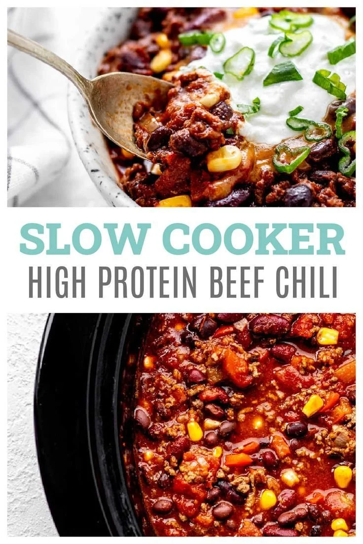 Bowl of high protein chili topped with fresh herbs and avocado slices.
