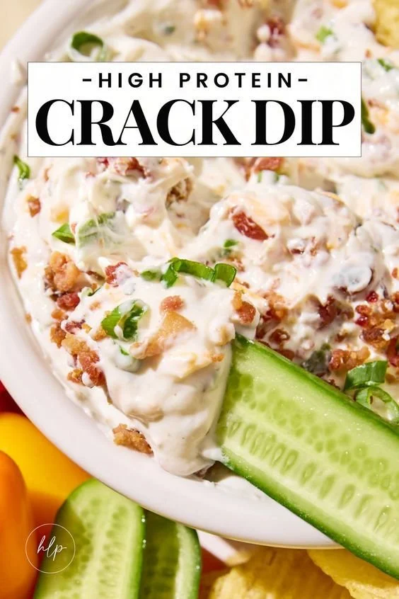 High Protein Crack Dip served with tortilla chips and fresh veggies