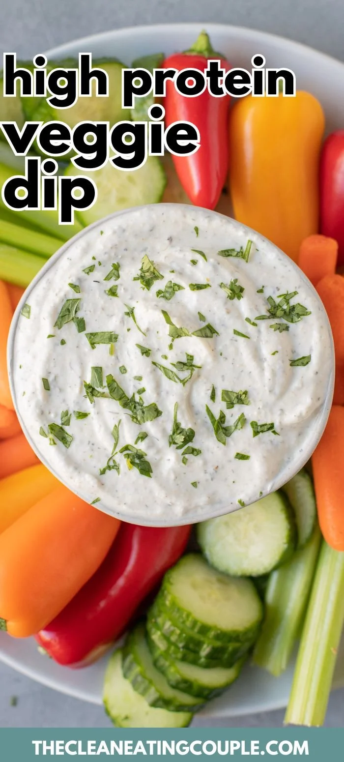 High protein veggie dip served with fresh vegetables for healthy snacking.