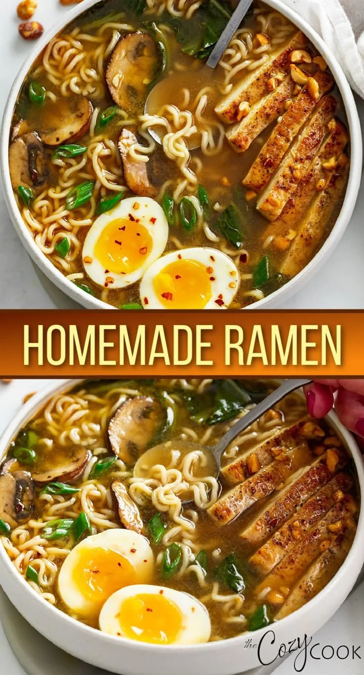 A bowl of homemade ramen topped with fresh vegetables and sliced meat