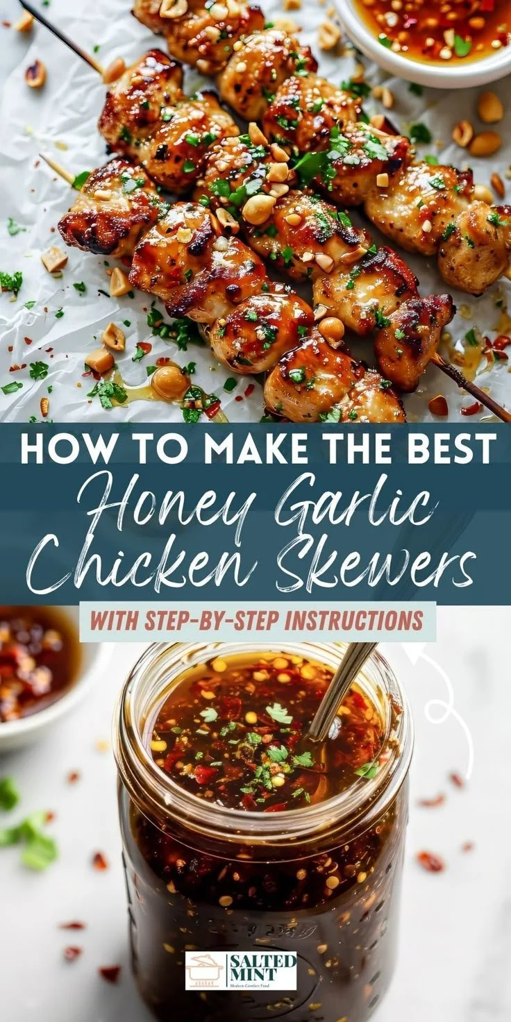 Grilled Honey Garlic Chicken Skewers ready to serve on a plate