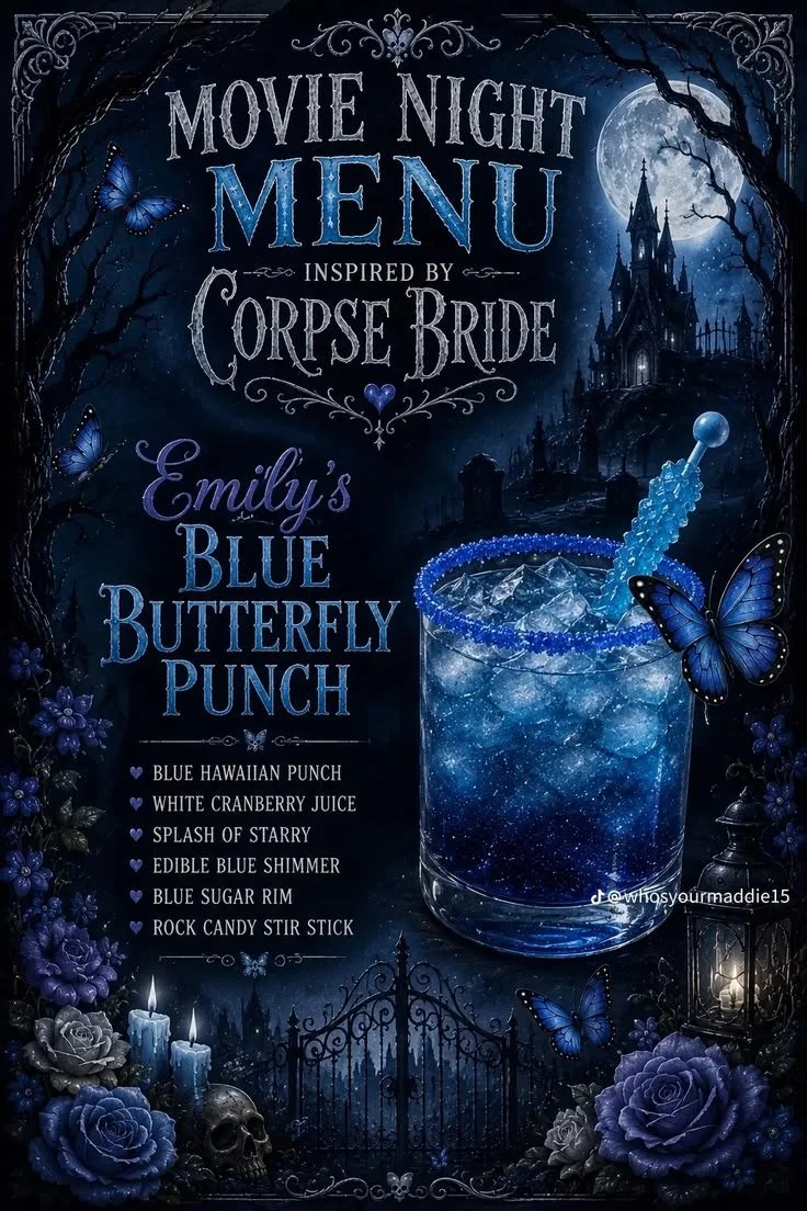 Corpse bride themed drinks for a spooky party and movie night.