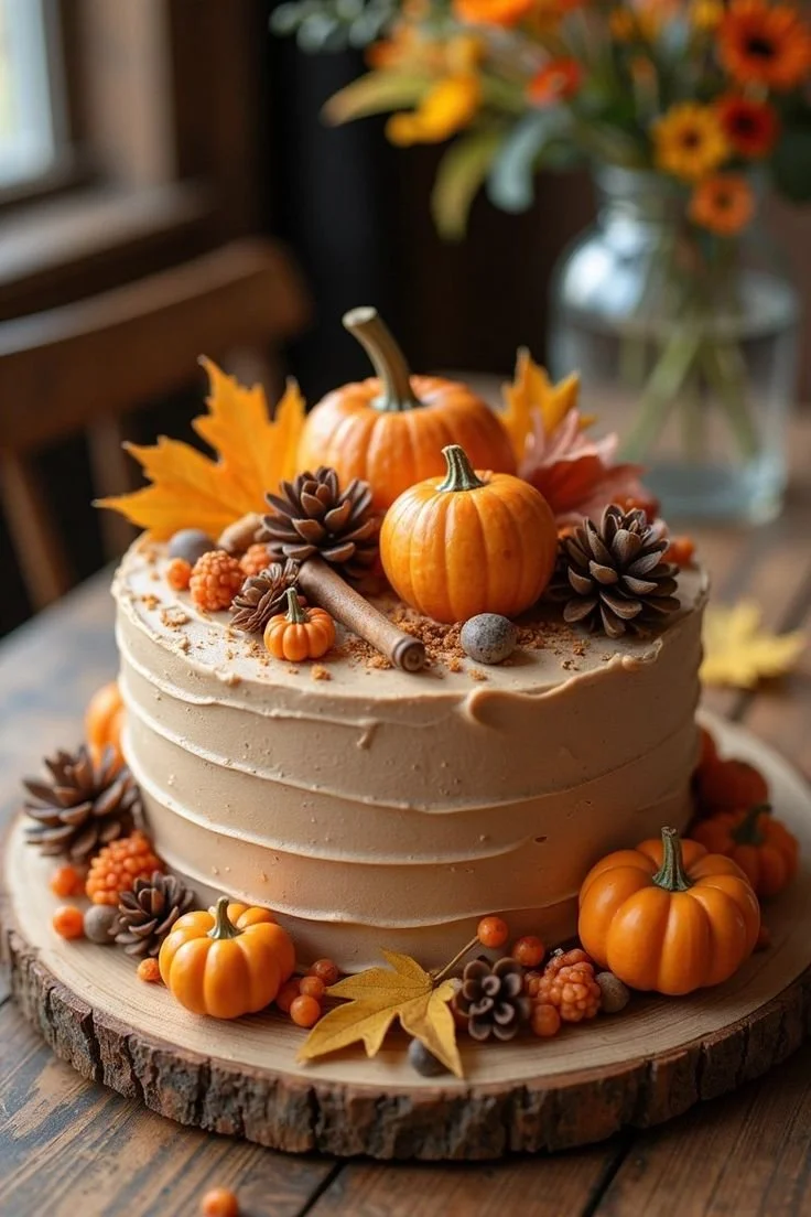 Decorated pumpkin cake showcasing fall-themed design and colors.