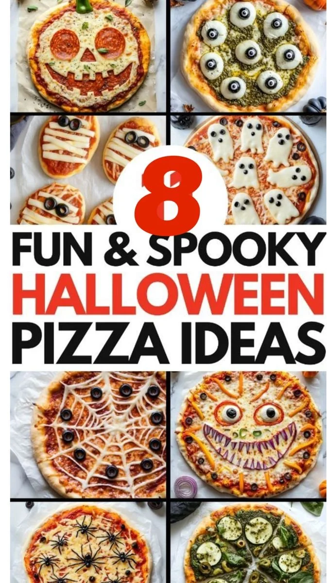 Spooky Halloween pizza with creative shapes and toppings for a festive feast.