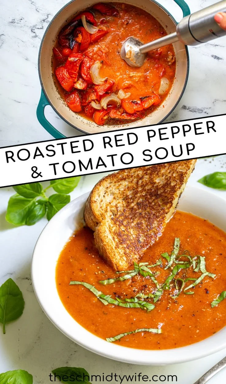 Bowl of roasted red pepper tomato soup with fresh basil garnish.