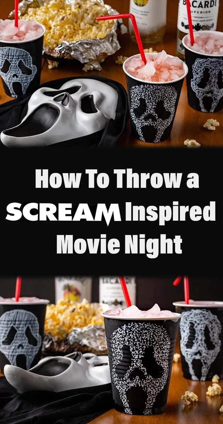 Scream movie night setup with cocktails and decorations