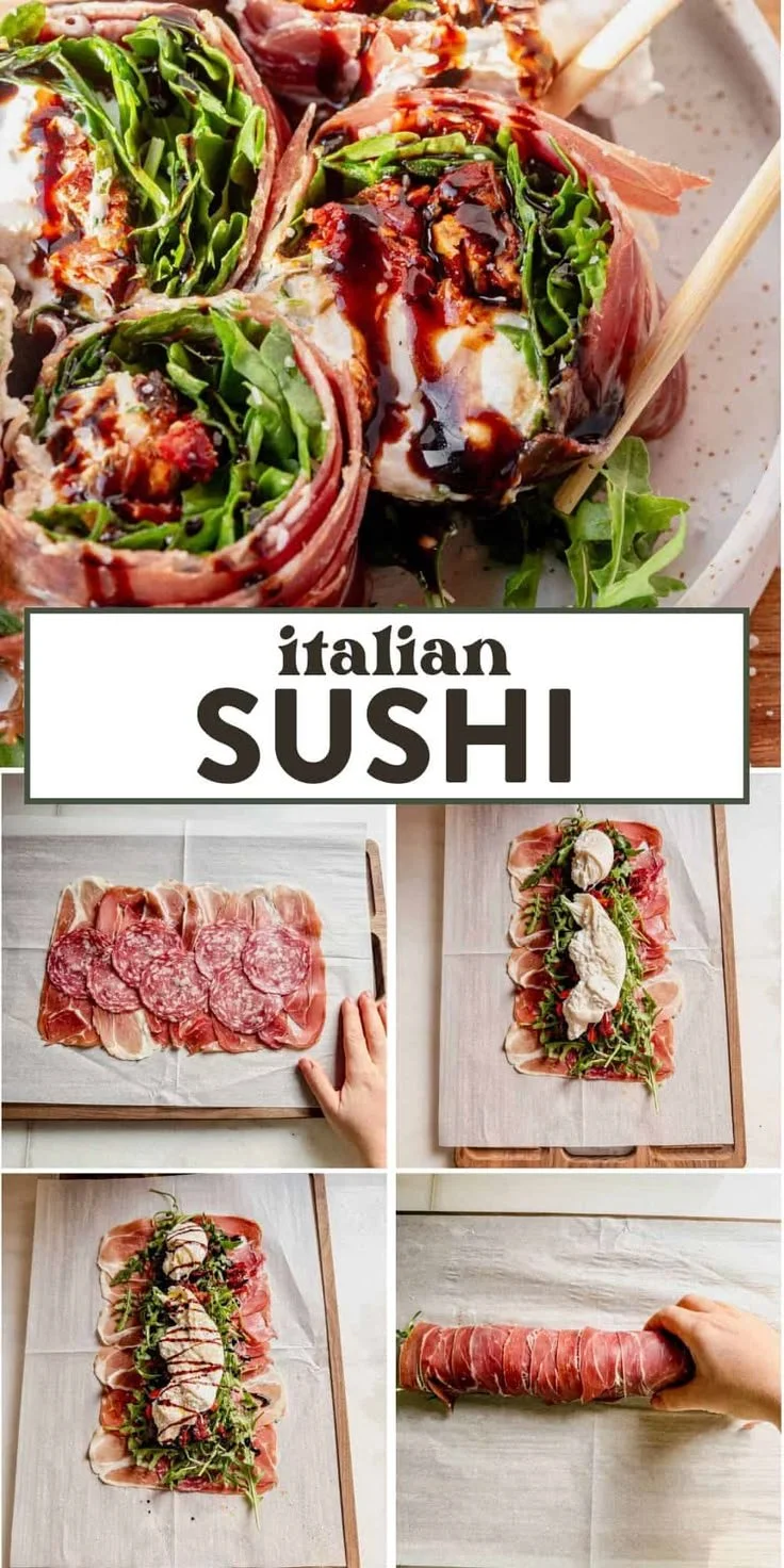 Italian sushi appetizer with prosciutto and burrata cheese served on a plate.