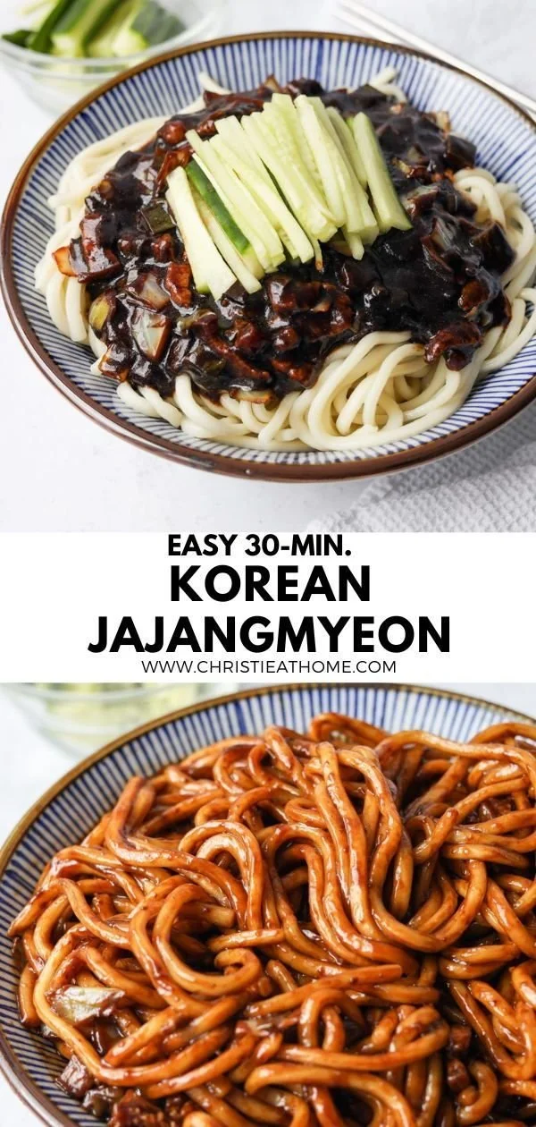 Bowl of Jajangmyeon black bean noodles topped with vegetables