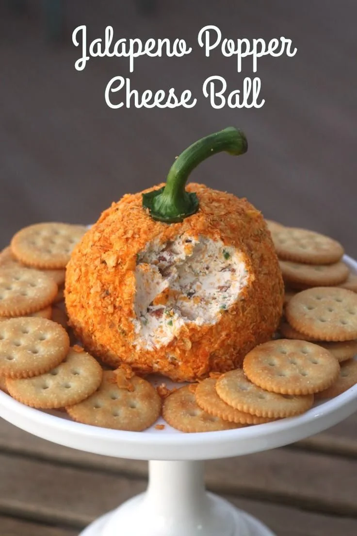 Jalapeno Popper Pumpkin Cheese Ball served with crackers