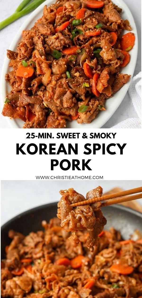Delicious plate of Jeyuk Bokkeum, Korean spicy pork stir-fry, with vibrant vegetables.
