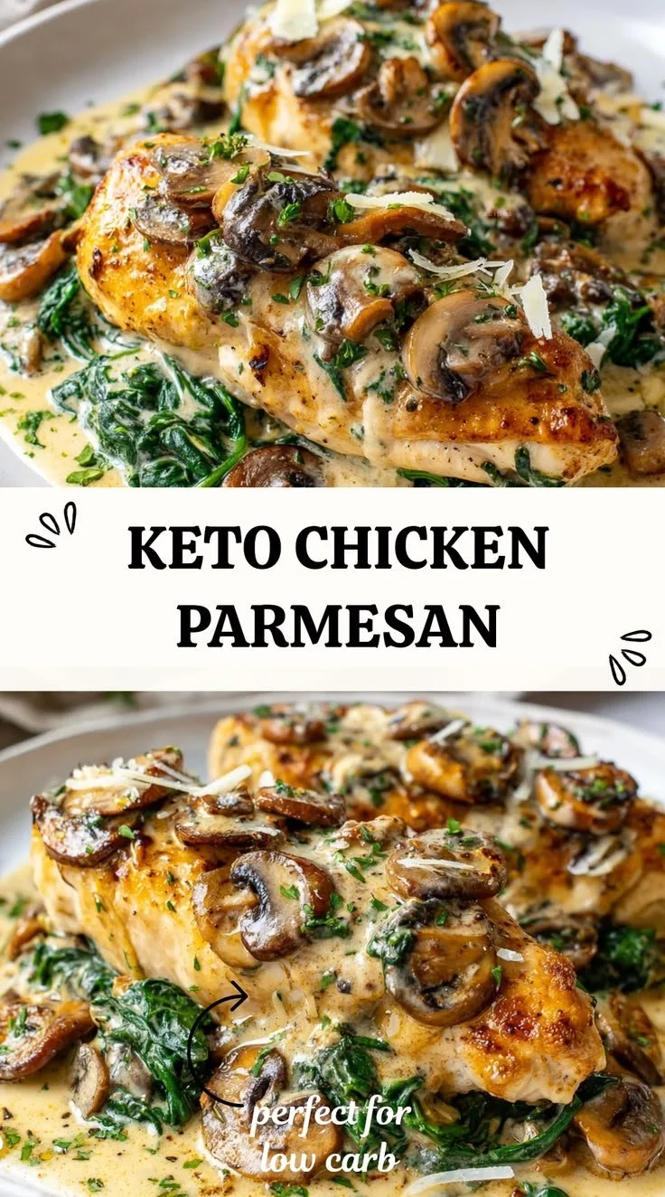 Keto Chicken Parmesan with spinach and mushrooms on a plate