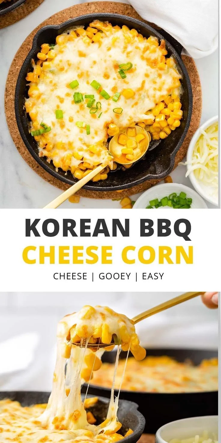 A serving of Korean Corn Cheese topped with melted cheese and herbs.