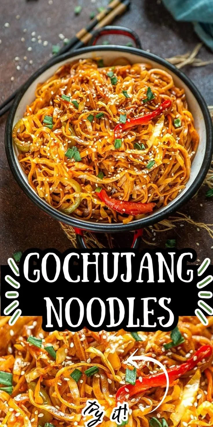 Bowl of spicy Korean Gochujang Noodles topped with vegetables