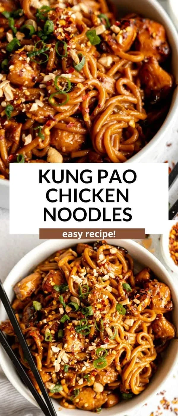 Plate of Kung Pao Chicken Noodles garnished with vegetables and peanuts