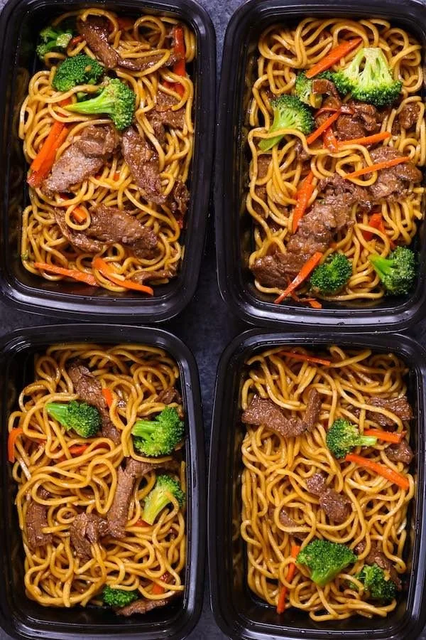 Low carb beef and noodles meal prep dish for fitness enthusiasts