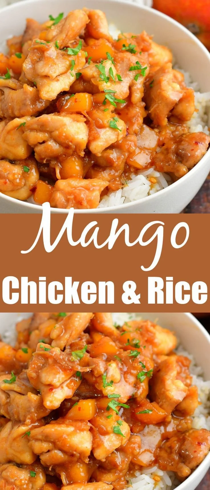 Delicious plate of mango chicken served with rice and fresh herbs