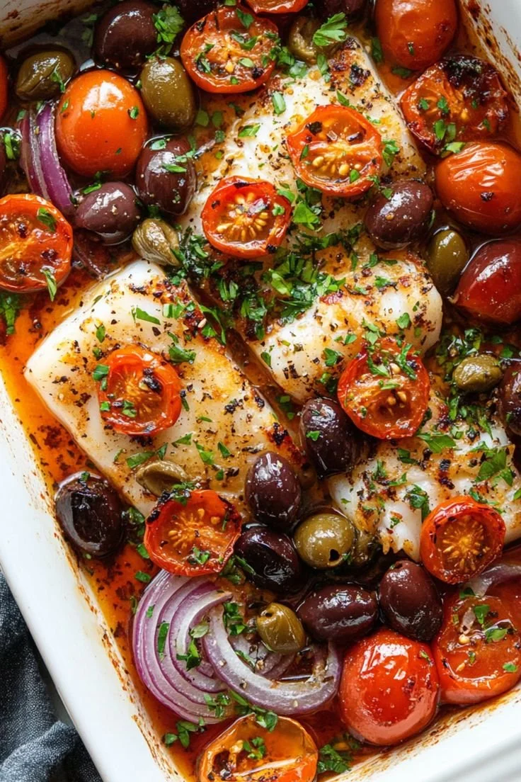 Delicious Mediterranean baked cod served with herbs on a plate