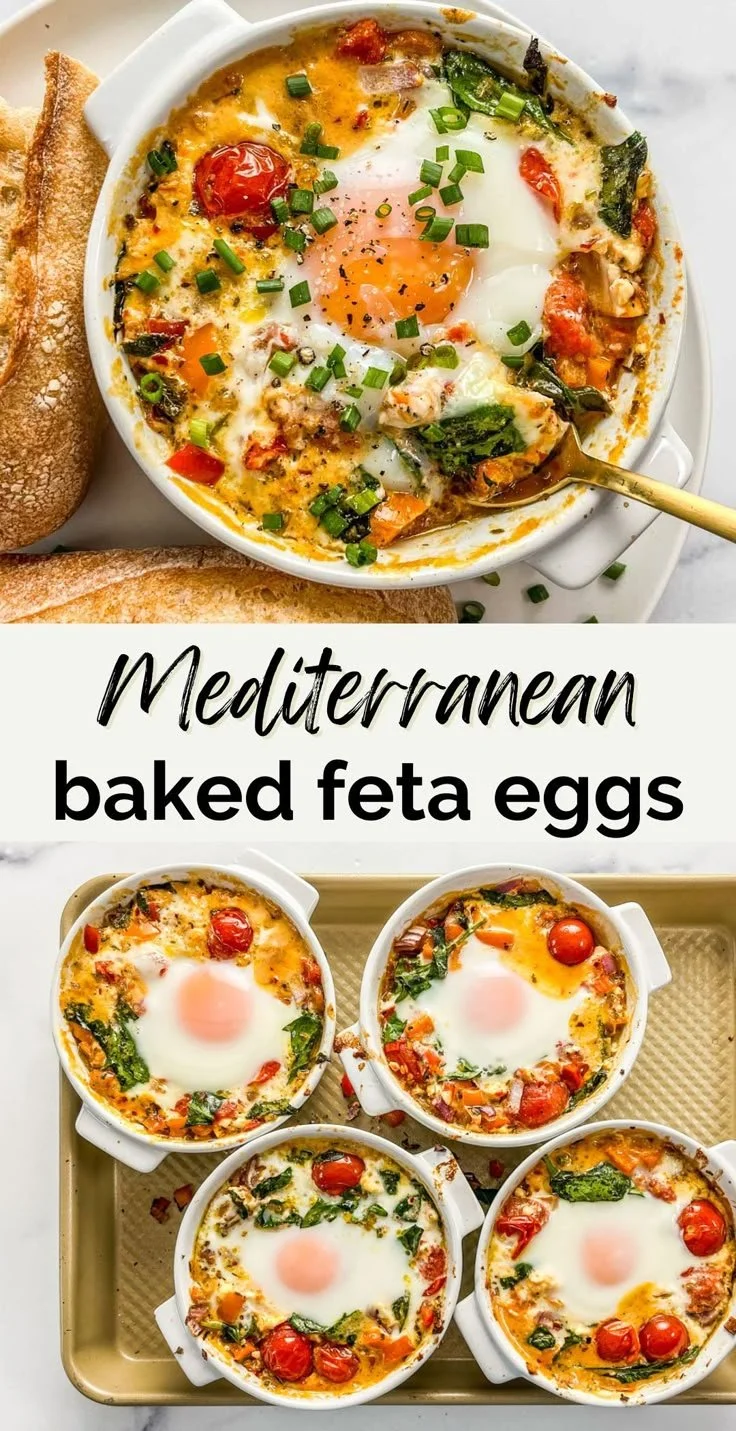 Mediterranean baked feta eggs served in a rustic dish with herbs and tomatoes