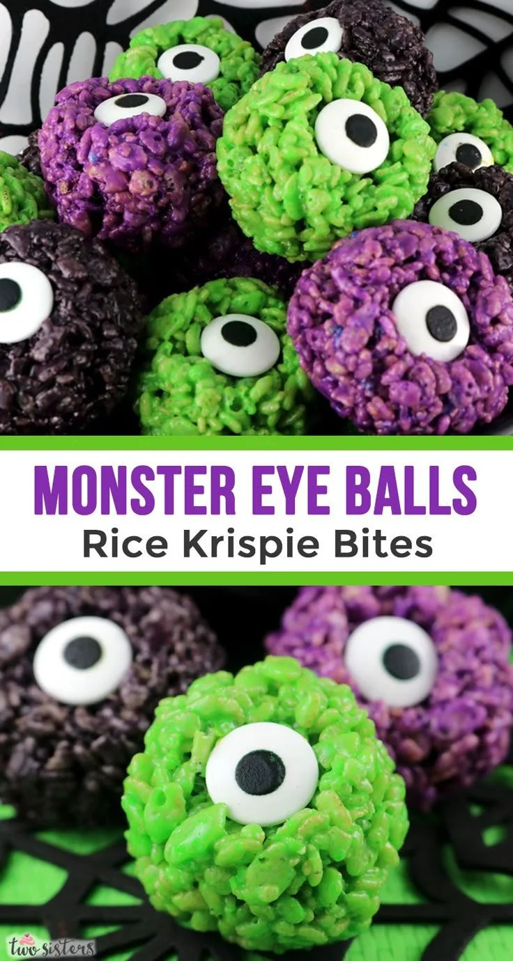 Monster Eye Balls Rice Krispie Bites decorated for Halloween