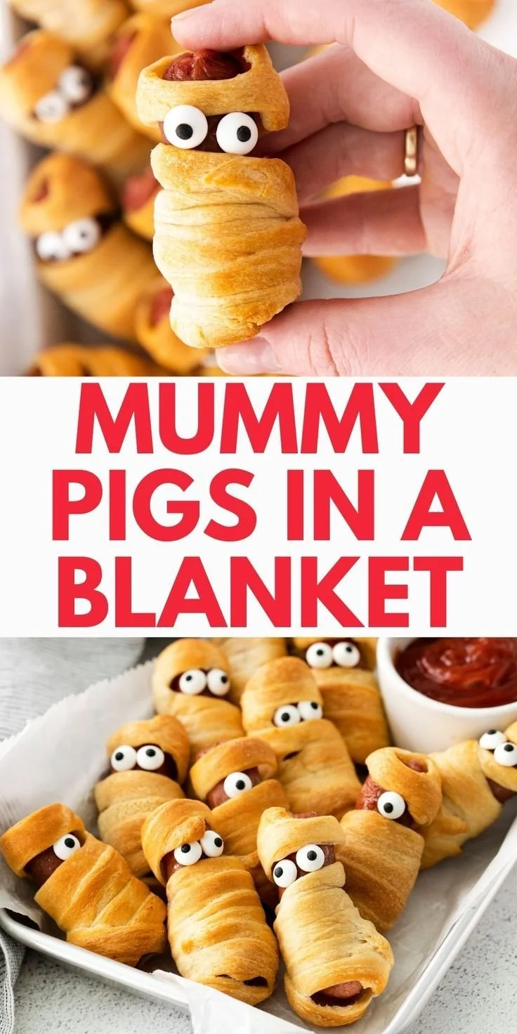 Mummy Pigs in a Blanket - festive Halloween snacks wrapped in dough