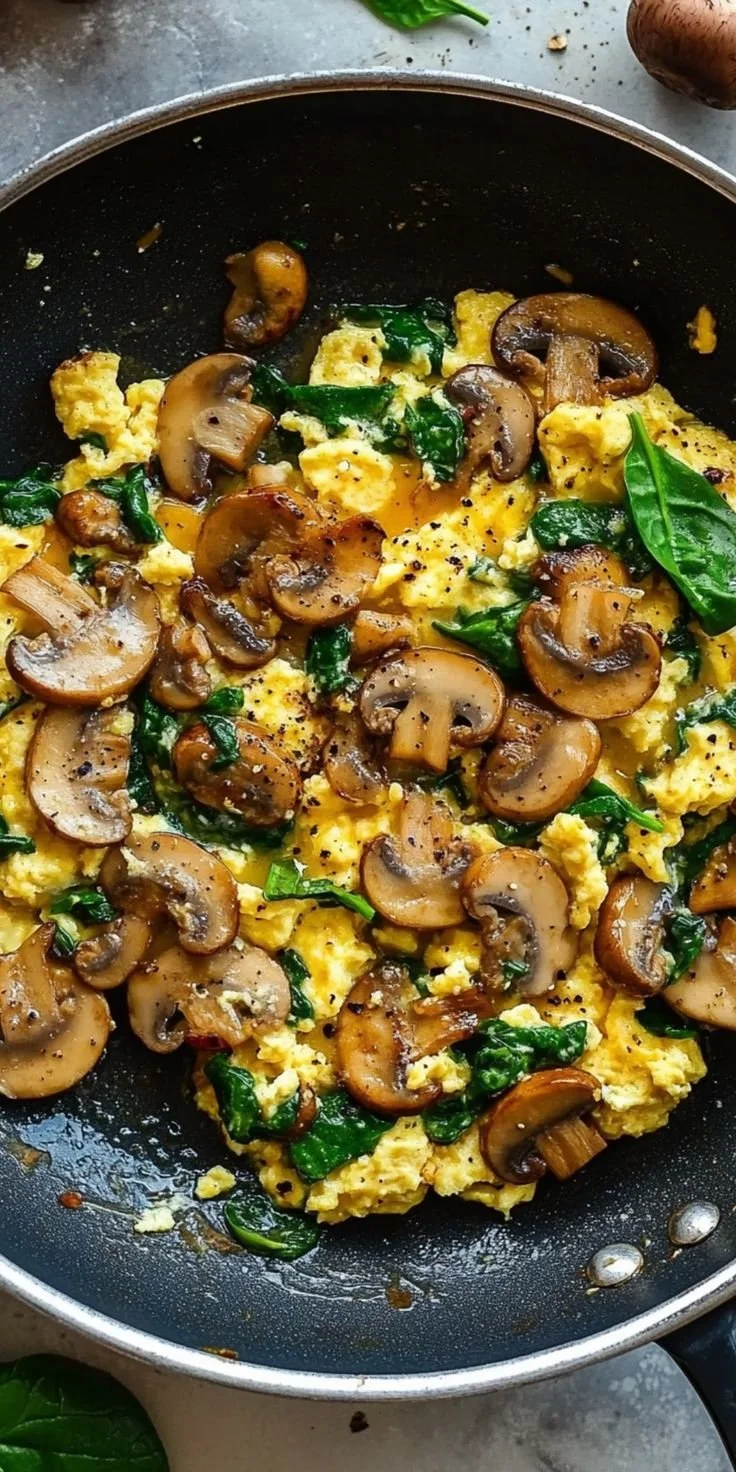 Delicious Mushroom Spinach Scrambled Eggs ready in 10 minutes for a quick breakfast.