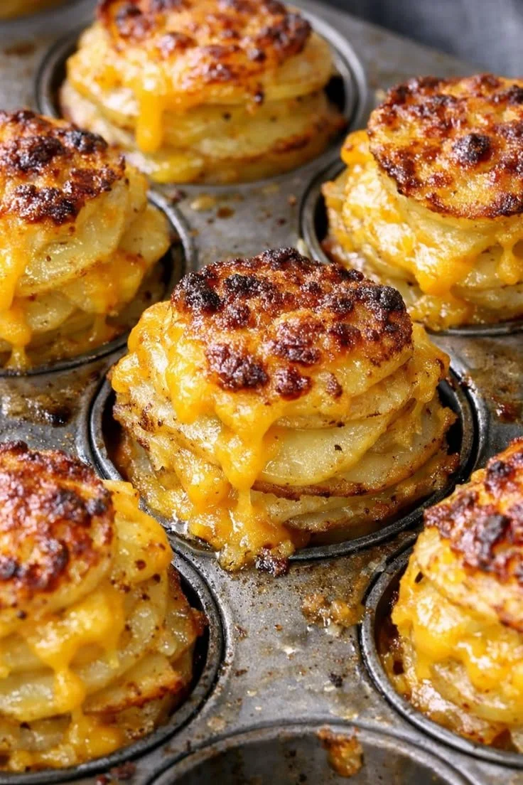 Delicious cheesy potato stacks with crispy edges baked to perfection.