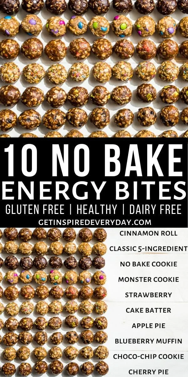 Assorted no bake energy bites in different flavors on a wooden table.