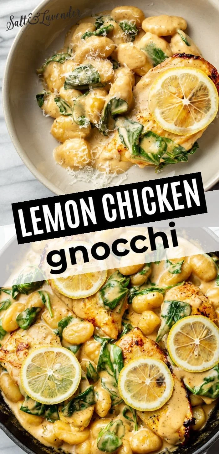 One Pan Lemon Chicken Gnocchi dish garnished with herbs