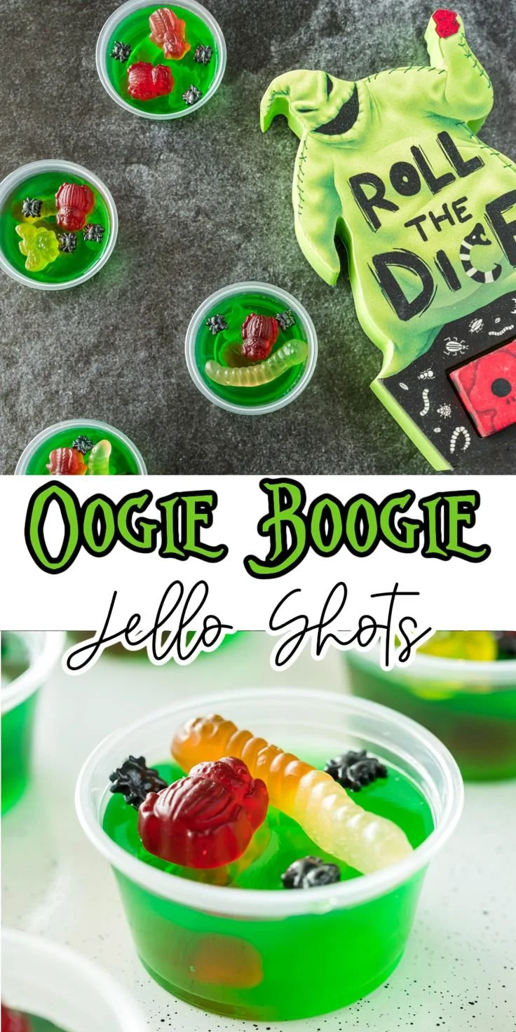 Festive Oogie Boogie jello shots inspired by Beetlejuice and Hocus Pocus.