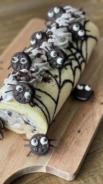 Oreo Spider Roll Cake decorated for Halloween
