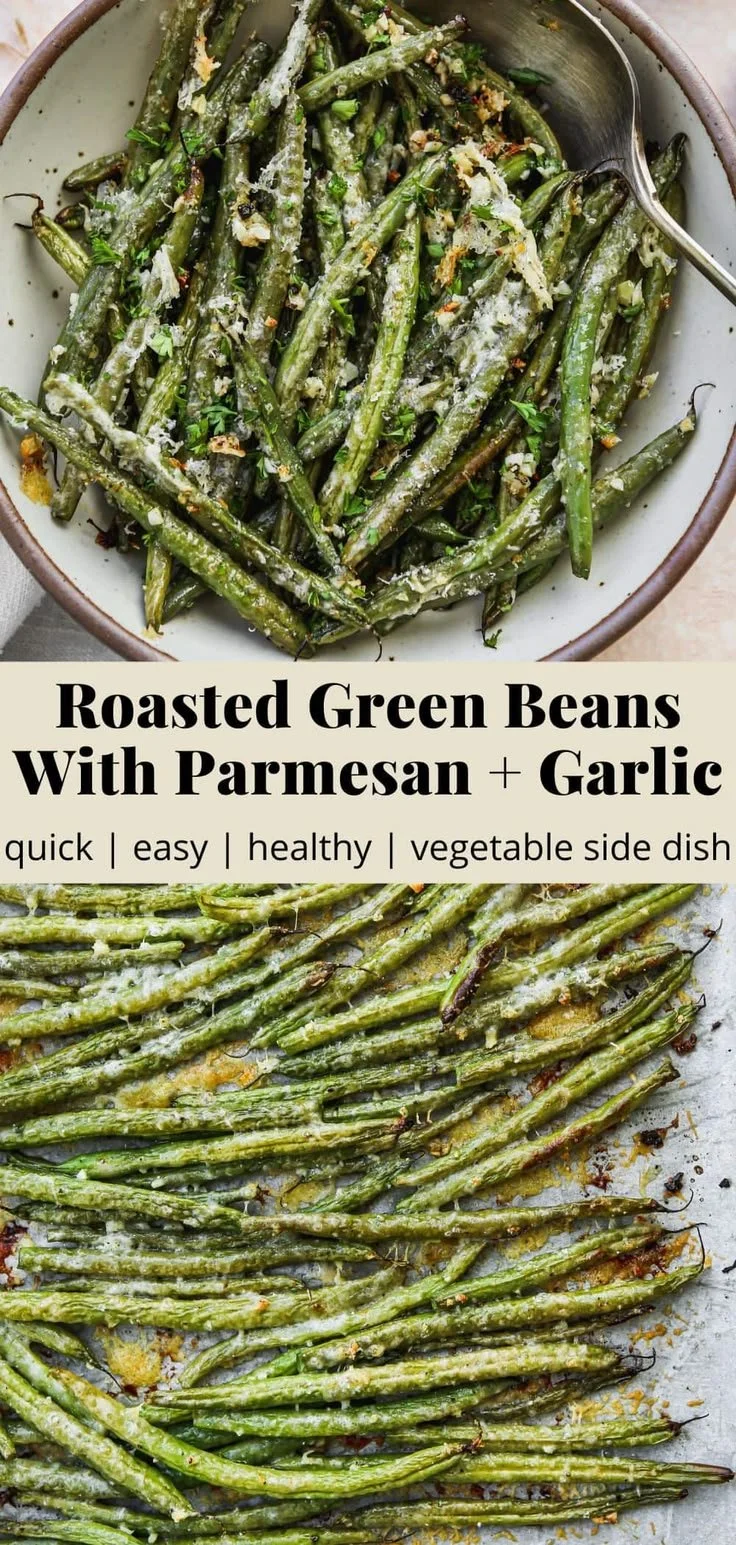 Oven-roasted green beans with garlic and parmesan on a serving plate