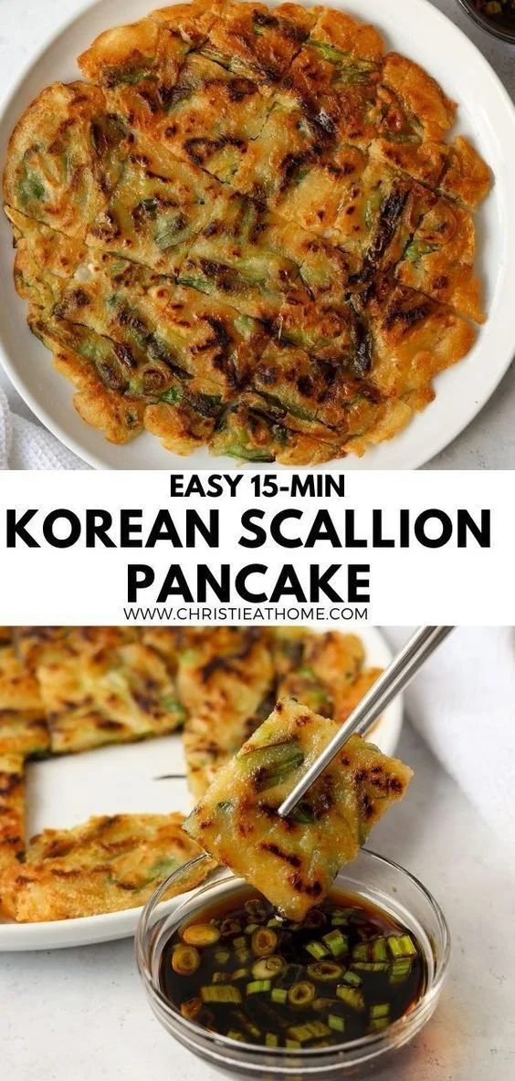 Delicious homemade Pajeon Korean scallion pancake served on a plate.